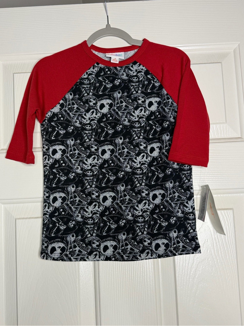 LuLaRoe Disney Size 4  Kids Red Raglan Top with Black & White Jack Skellington